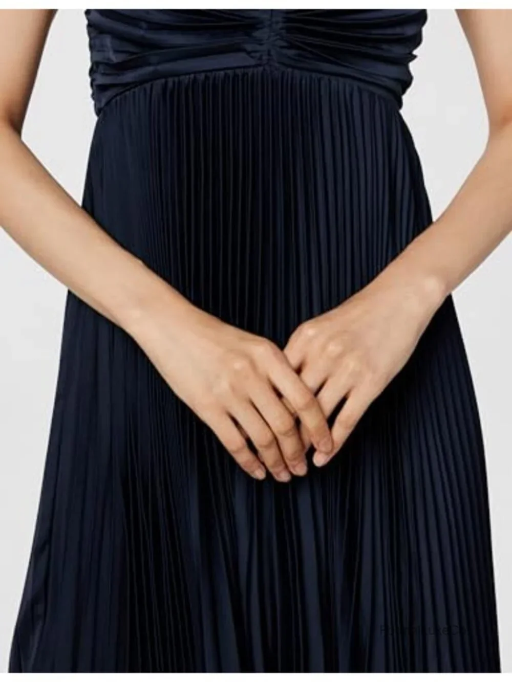 Pleated Satin A-Line Midi Dress Sleeveless V-Neck One Shoulder Back